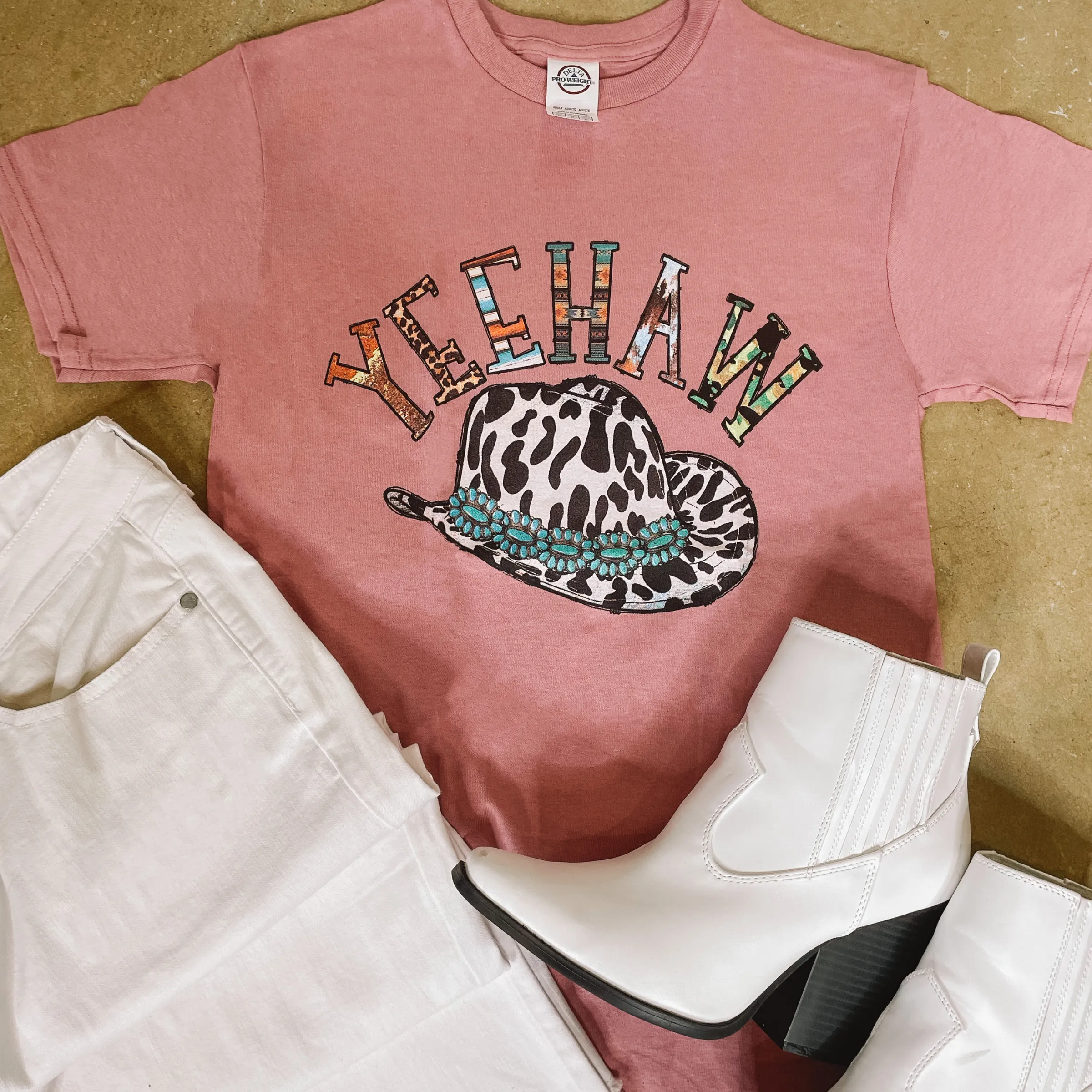 Last Chance Size Small | YeeHaw Mix Print Short Sleeve Graphic Tee in Mauve Pink