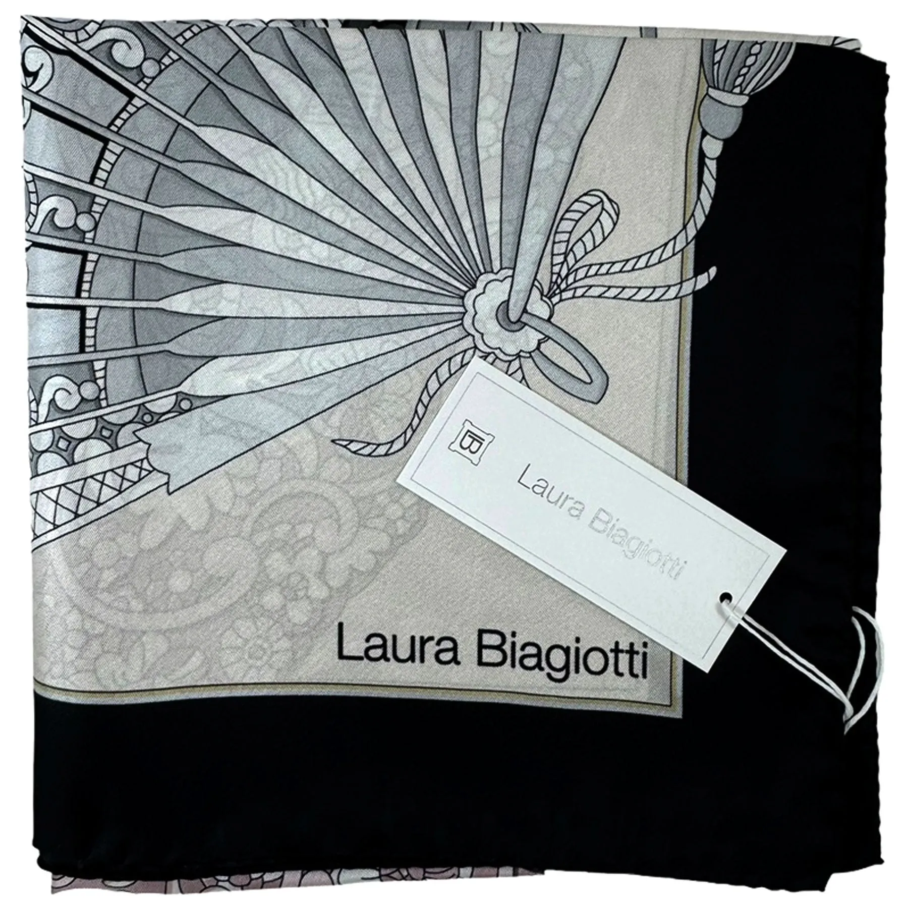 Laura Biagiotti Scarf Black Gray Hand Fans - Square Silk Foulard