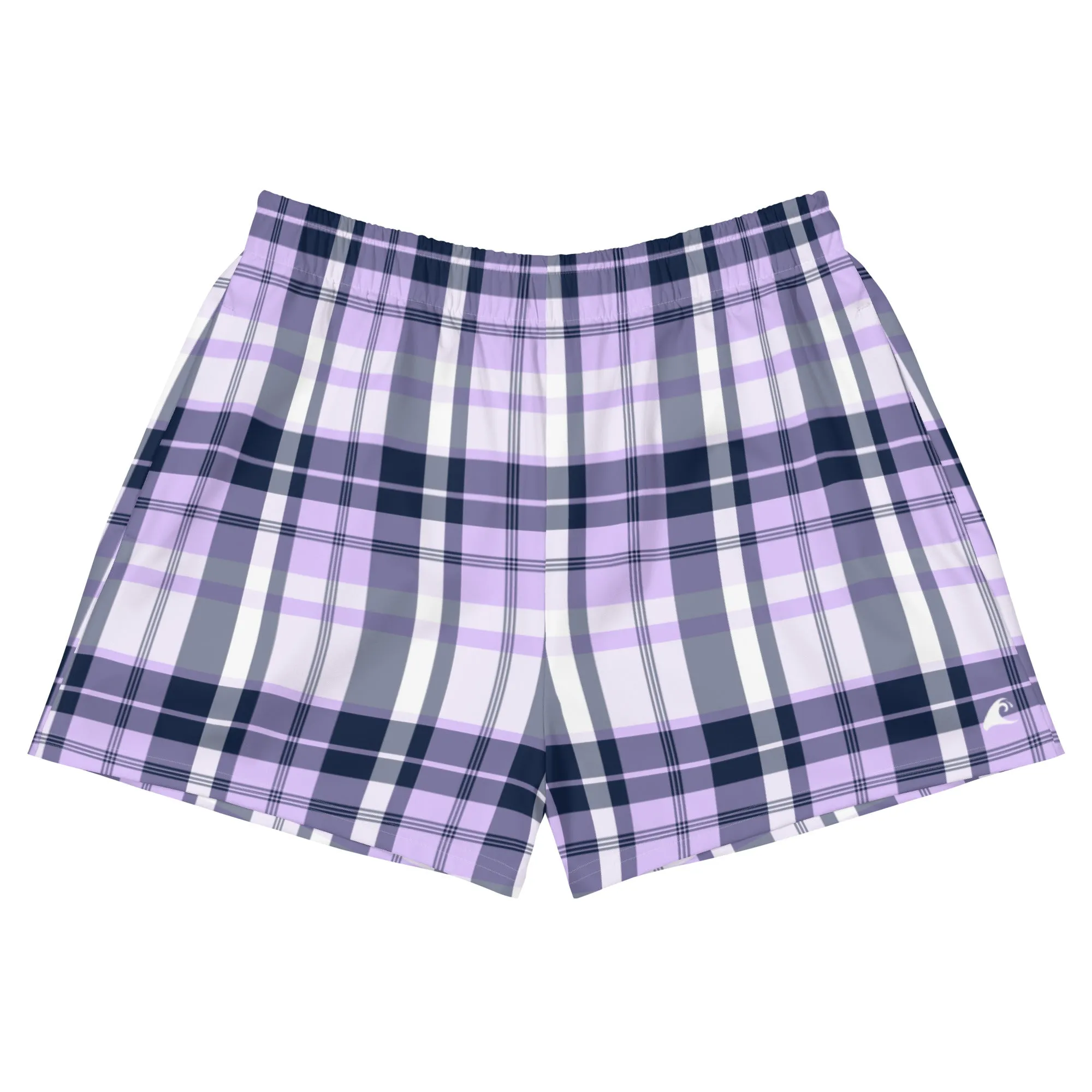 Lavender and Navy Blue Preppy Plaid Women's Athletic Swim Shorts