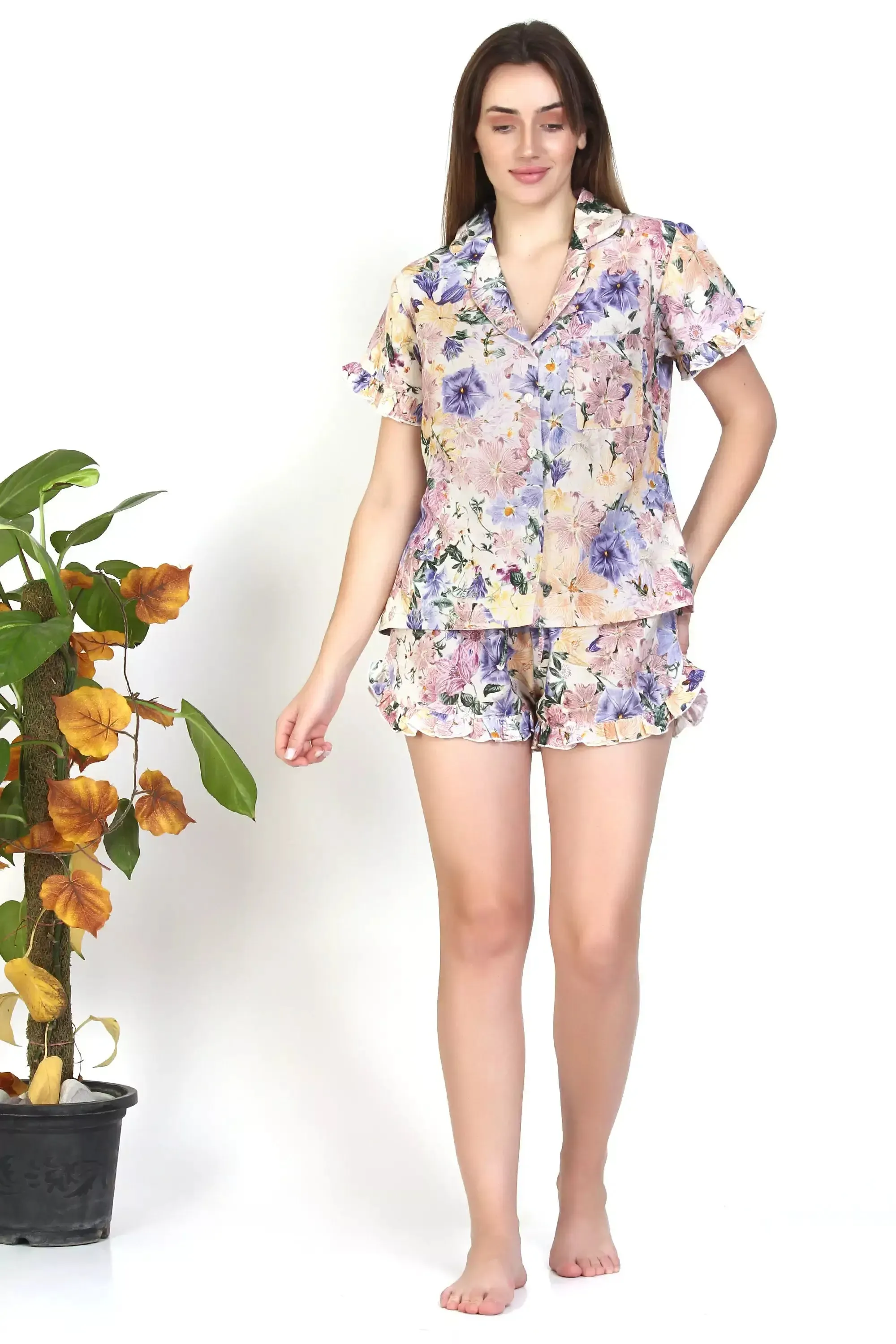 Lavender floral print Comfortable Front button open Shorts PJ sleep set