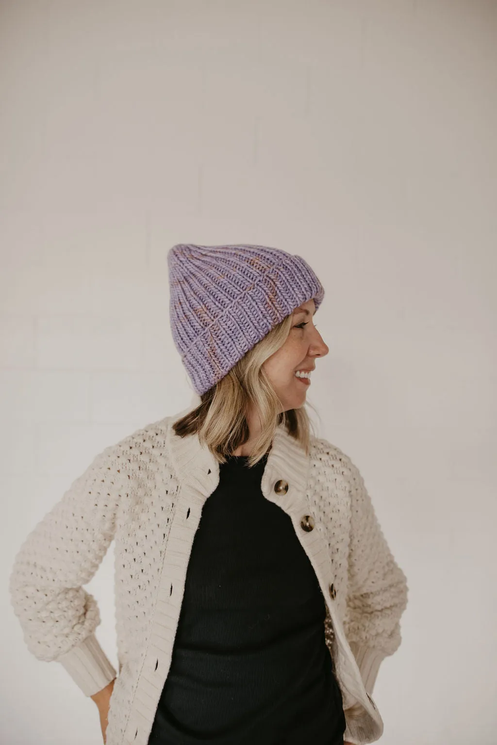 Lavender Speckle Merino Wool Hand Knit Ribbed Beanie