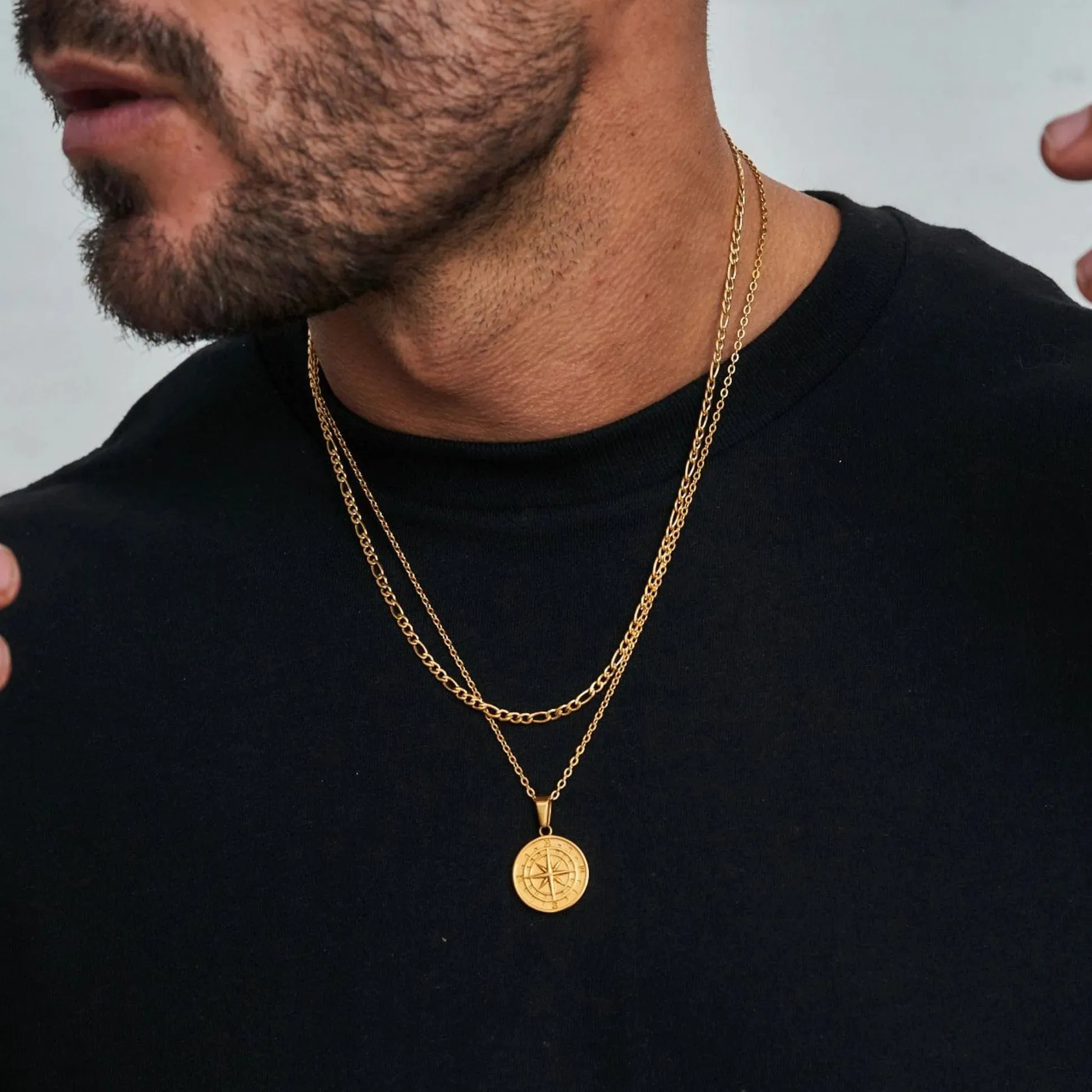 Layered Compass Pendant Necklaces for Men: Stainless Steel Cuban Figaro Wheat Chain, Casual Retro Collar