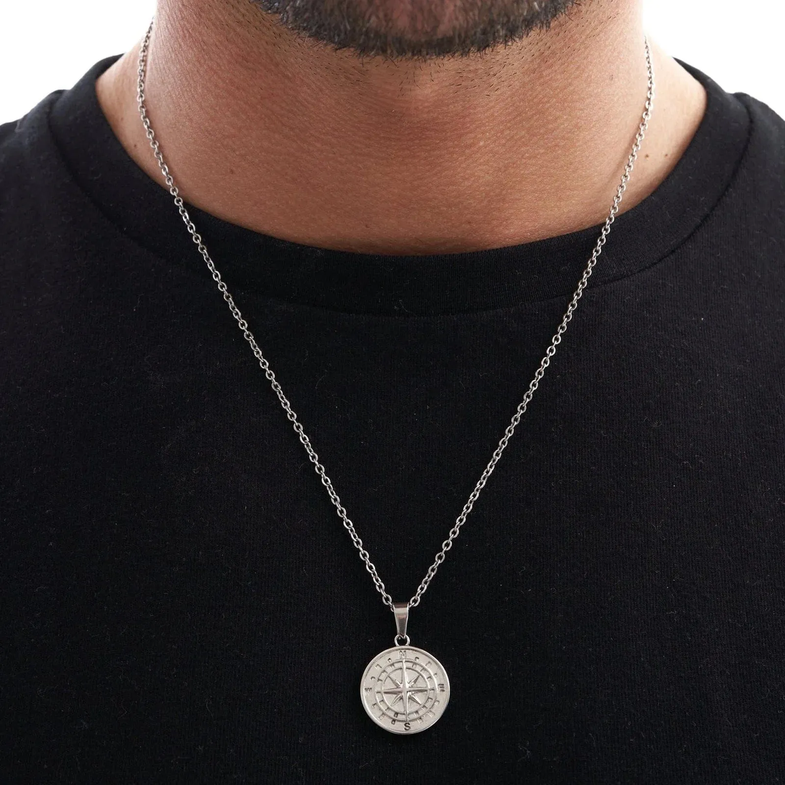 Layered Compass Pendant Necklaces for Men: Stainless Steel Cuban Figaro Wheat Chain, Casual Retro Collar