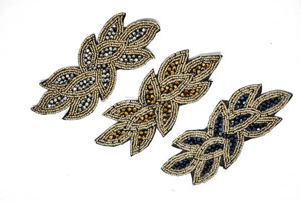 Leaf Rhinestone Beaded Applique 6" x 2"