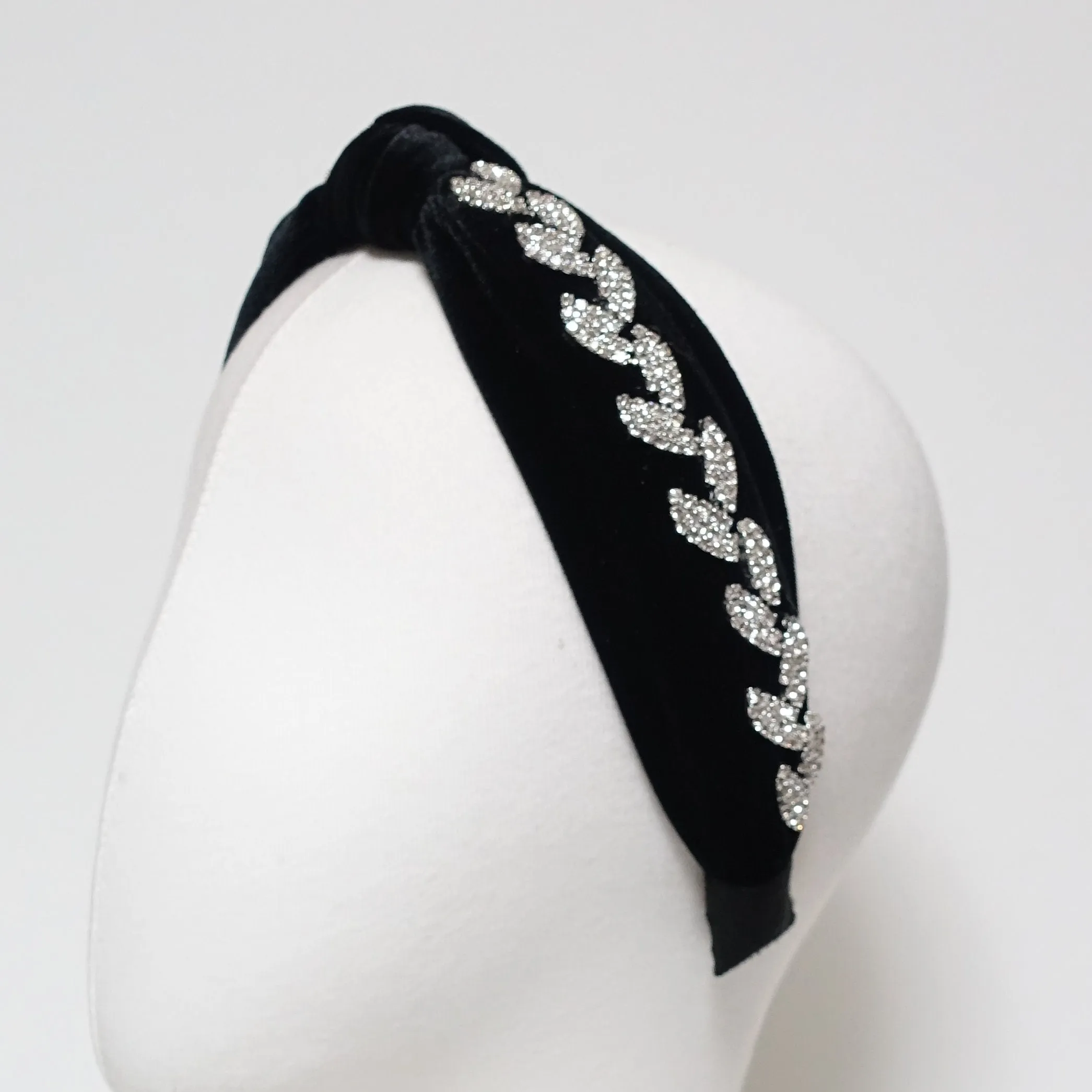 leaf rhinestone embellished  knotted hairband luxury black velvet dazzling womens headband