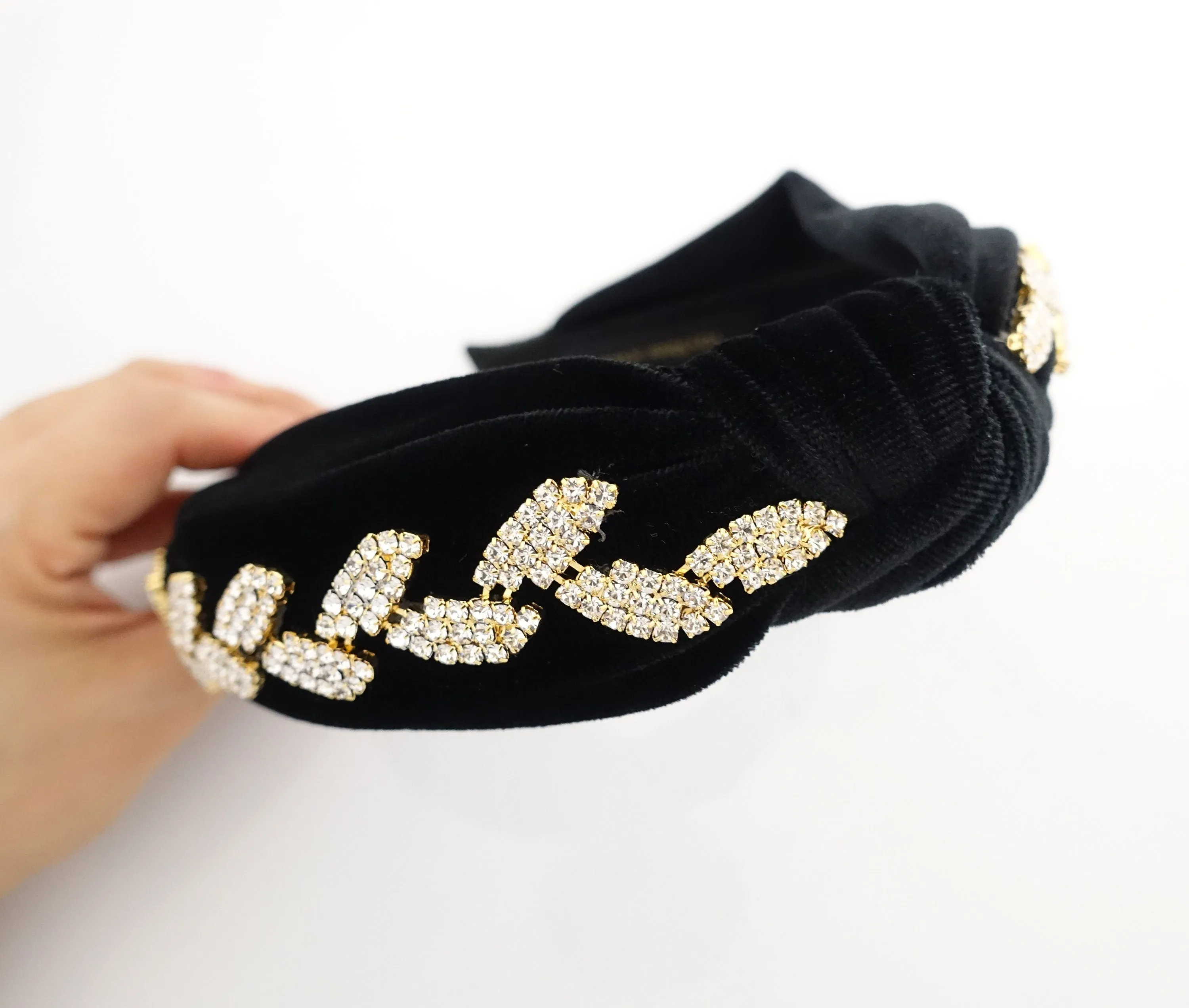 leaf rhinestone embellished  knotted hairband luxury black velvet dazzling womens headband