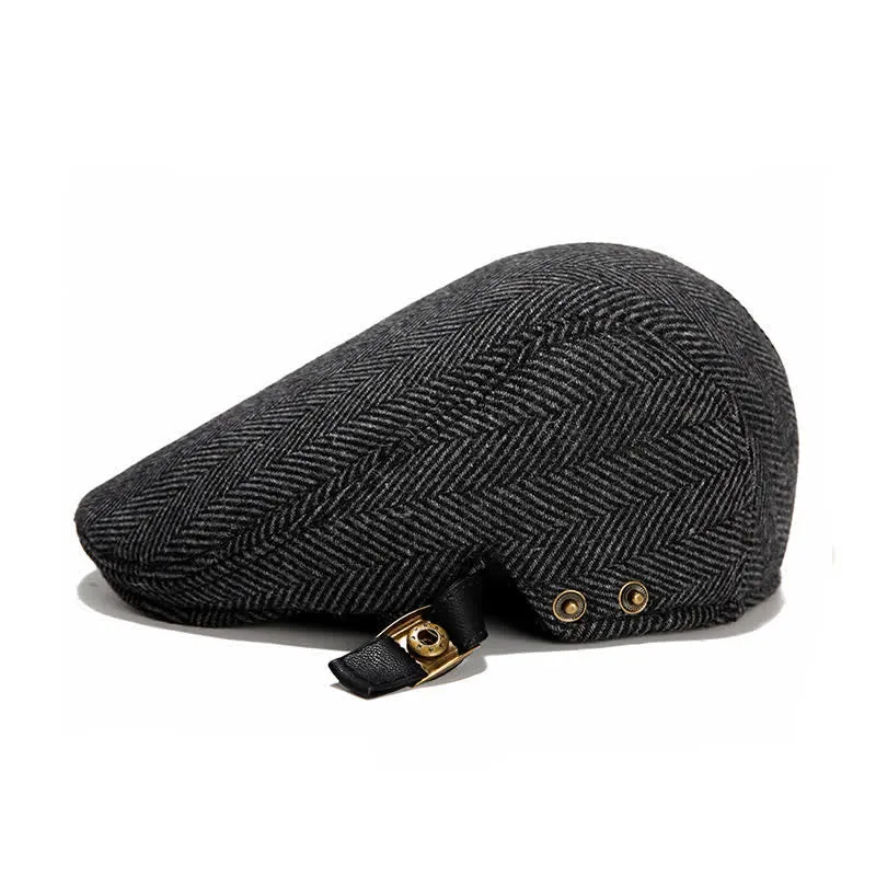 Leather Adjustable Buckle Flat Beanie Cap Beret