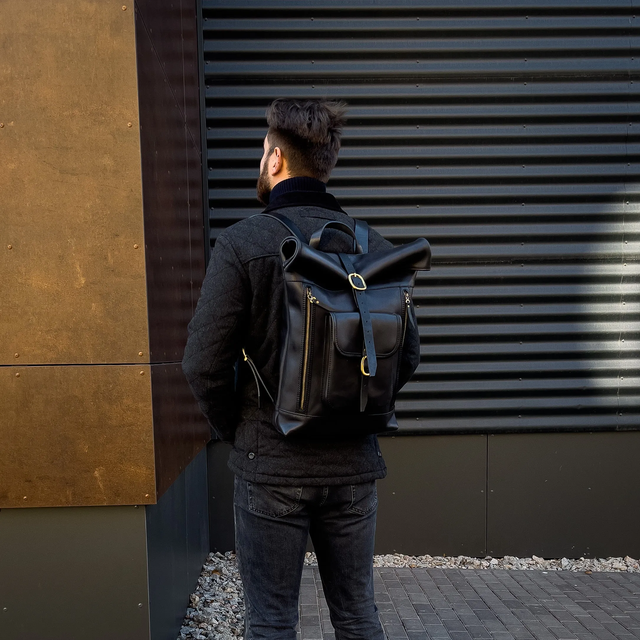 Leather black rolltop backpack, Personalized Leather Backpack for Men, Leather Backpack Gifts, Leather Travel Bag, Custom Leather Bag Gifts