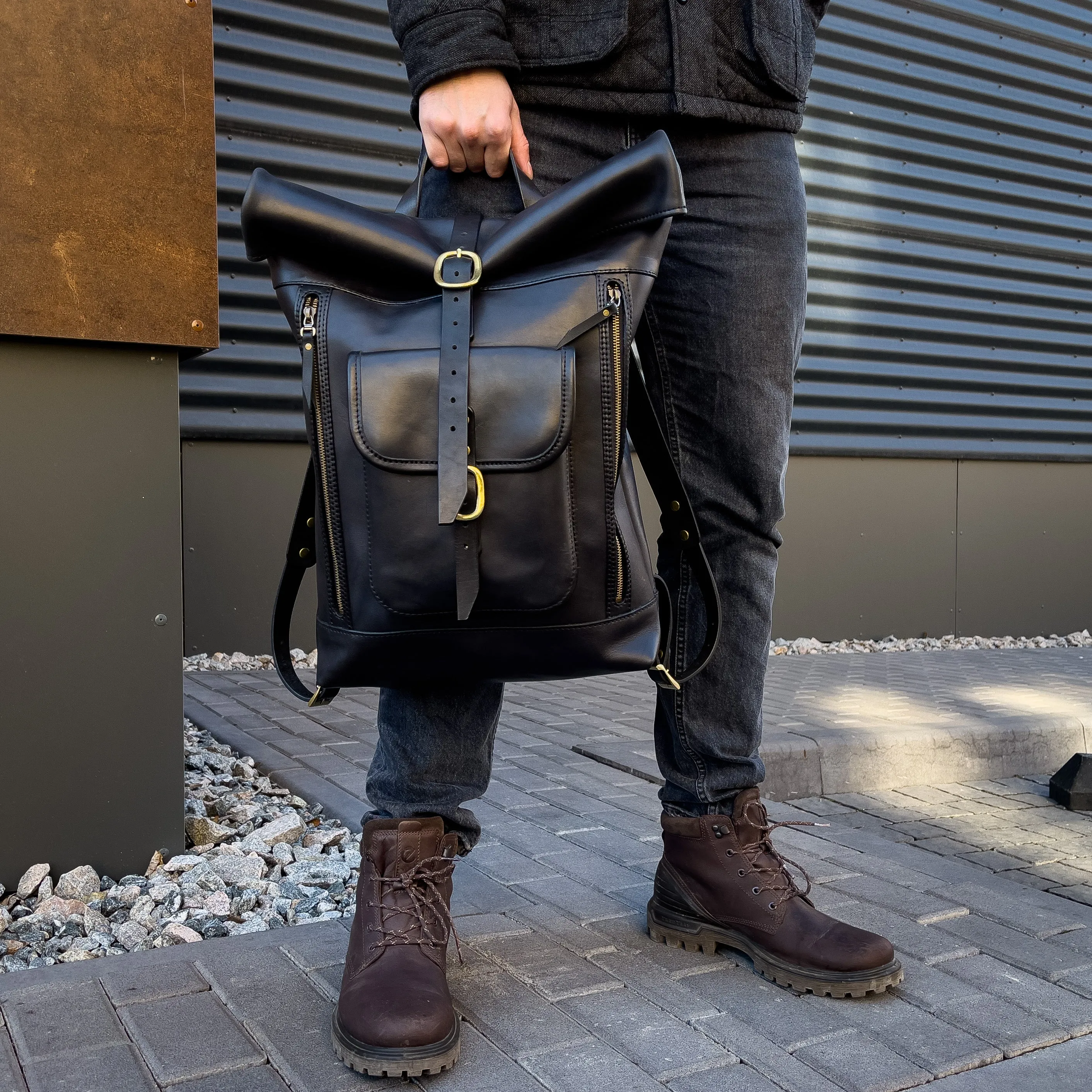 Leather black rolltop backpack, Personalized Leather Backpack for Men, Leather Backpack Gifts, Leather Travel Bag, Custom Leather Bag Gifts