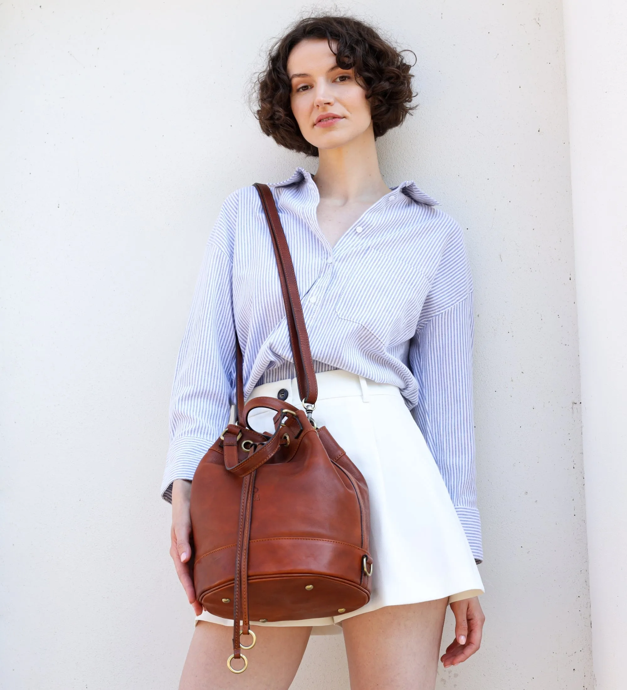 Leather Bucket Bag for Women - Light In August