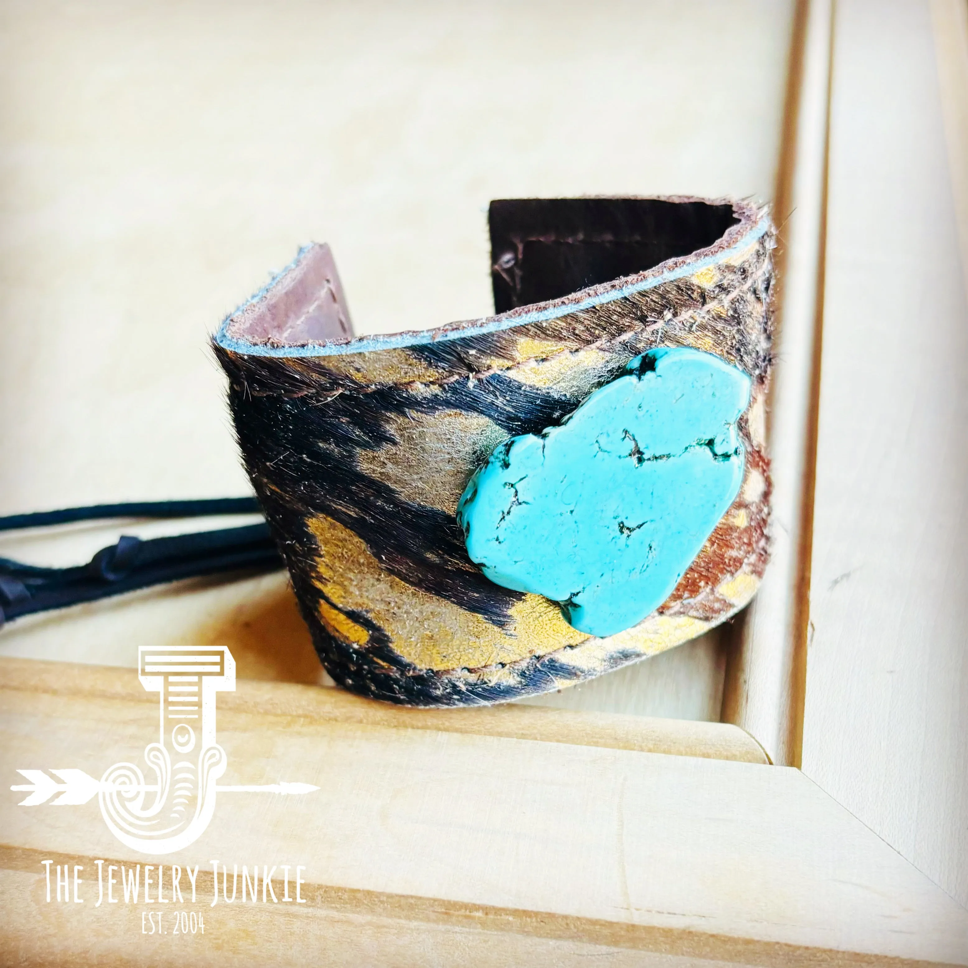 **Leather Cuff w/ Tie-Brown Gold Hair-on-Hide w/ Turquoise Slab 007L