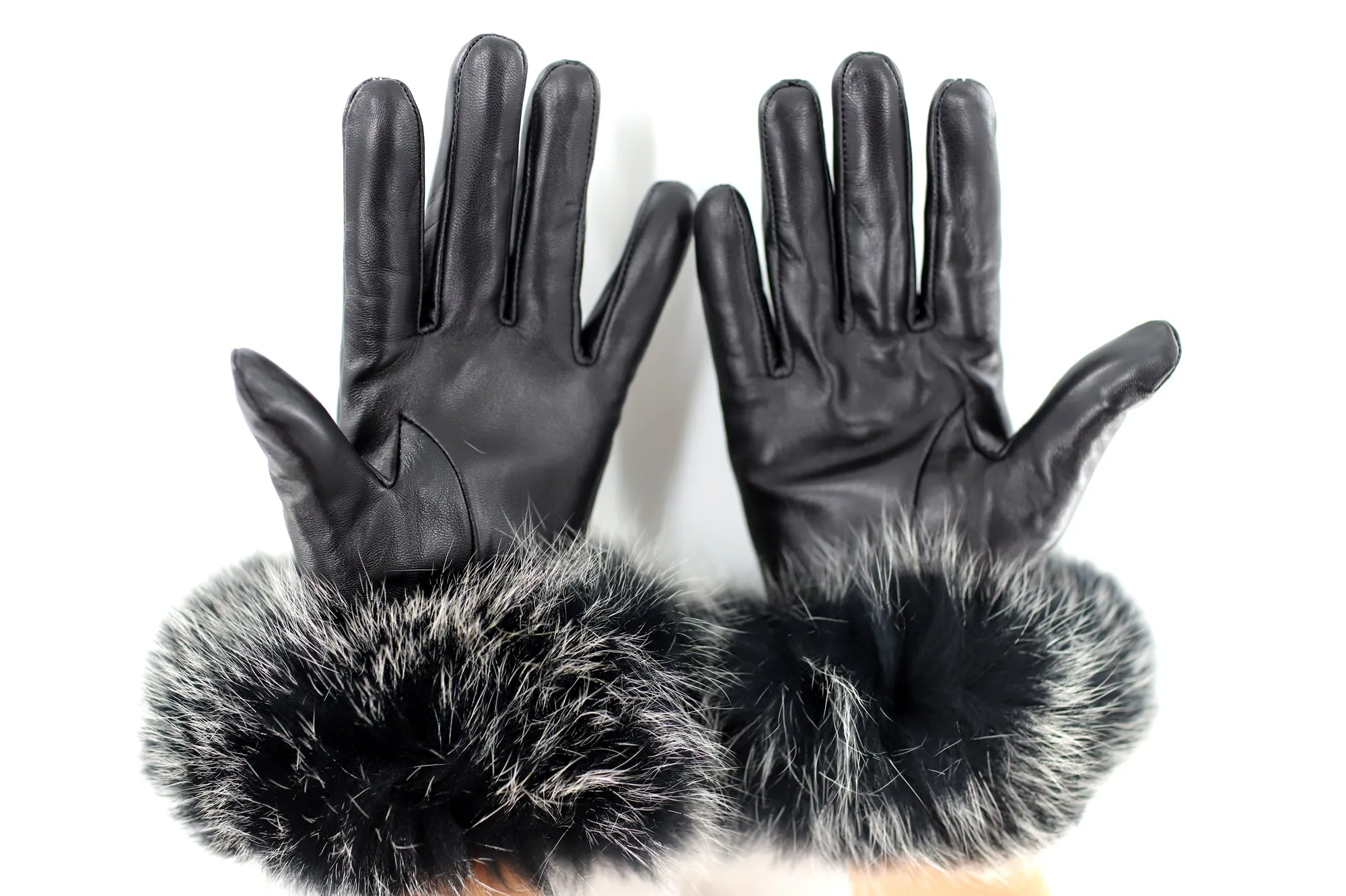 Leather Gloves with Fox Fur Trim / Stitch Detail