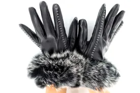 Leather Gloves with Fox Fur Trim / Stitch Detail