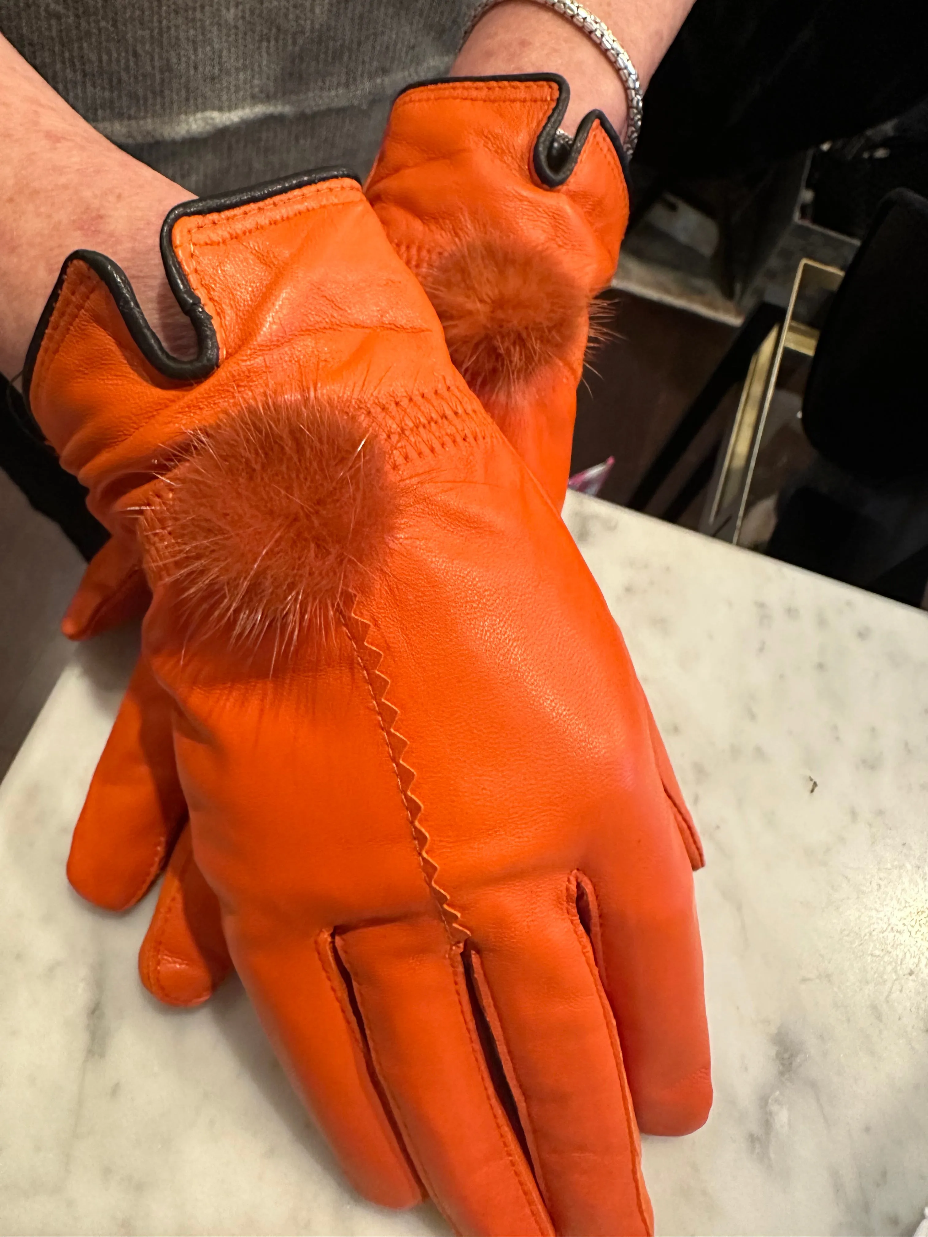 Leather Gloves with Fur Poms Orange