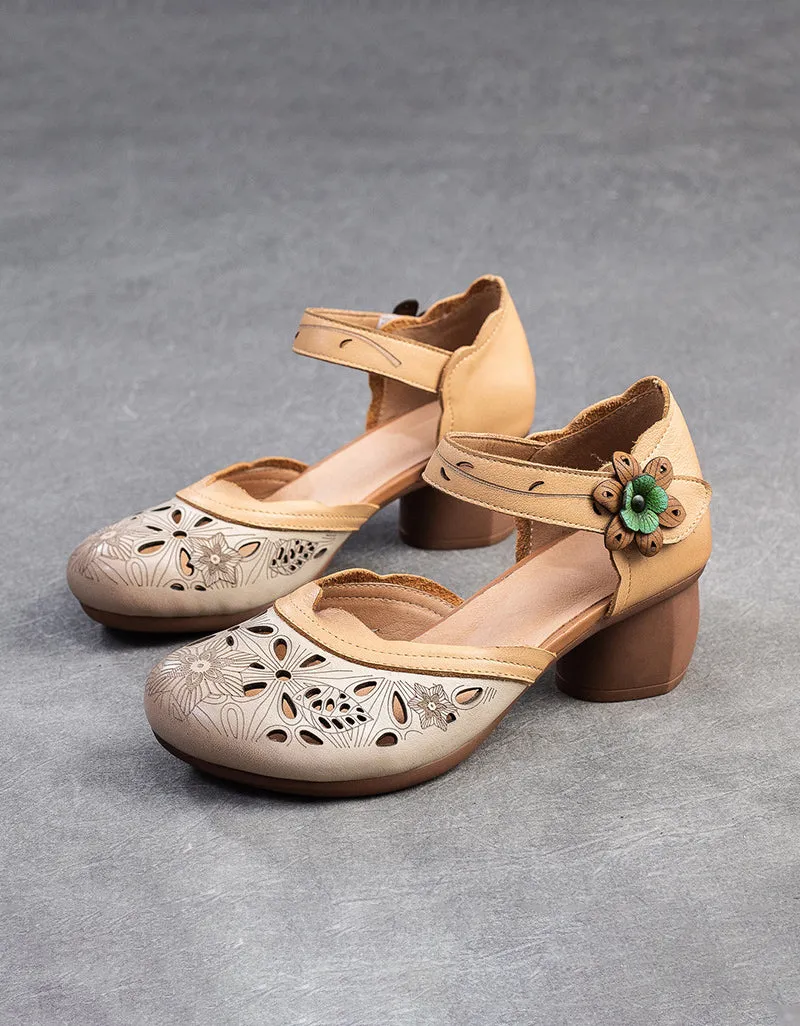 Leather Hand-Carved Flowers Hollow Chunky Heel Sandals