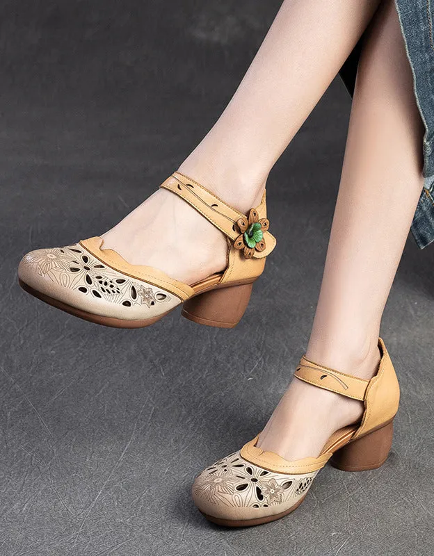 Leather Hand-Carved Flowers Hollow Chunky Heel Sandals