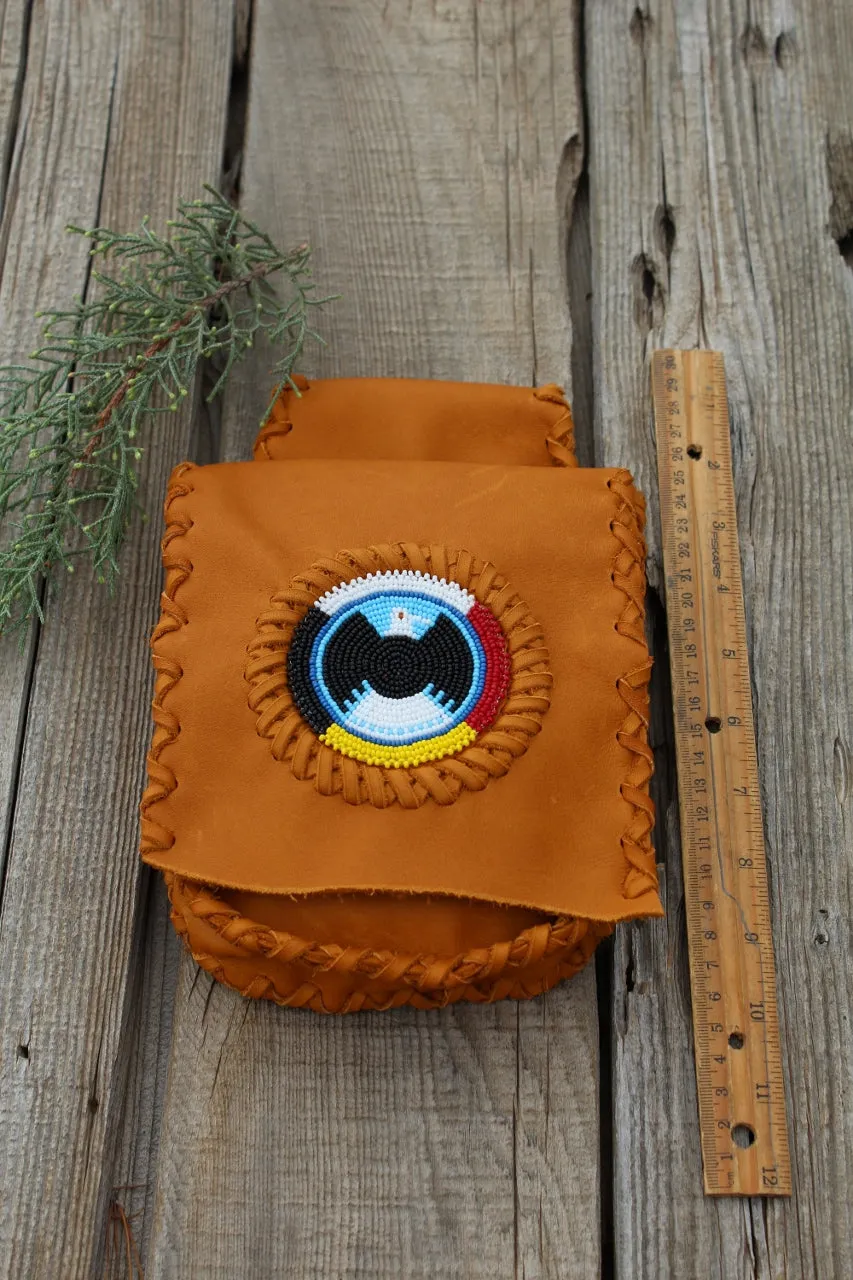 Leather hip bag with beaded eagle rosette, belt bag