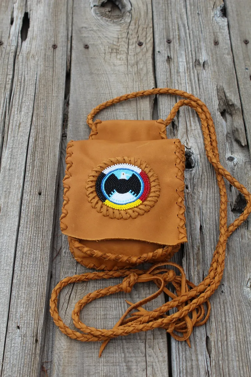 Leather hip bag with beaded eagle rosette, belt bag