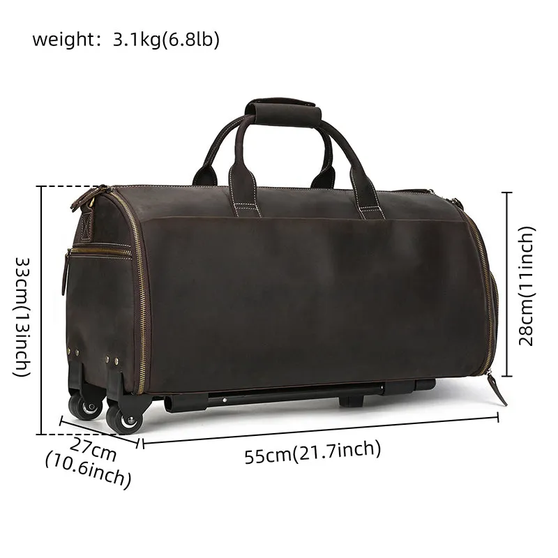 Leather Rolling Garment Bag, Garment Duffle Bag with Wheels for Travel,Convertible Garment Bag with Shoe Compartment