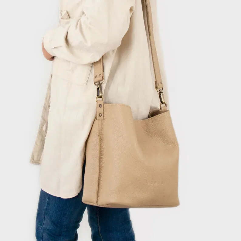 Leather Shoulder Bag-Bucket Bag Crossbody Beige