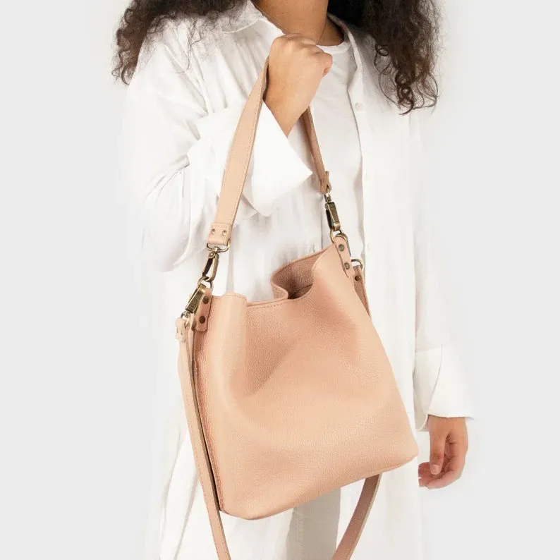 Leather Shoulder Bag-Bucket Bag Crossbody Beige