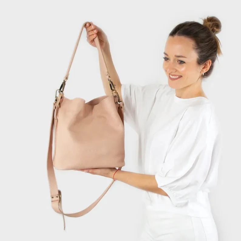 Leather Shoulder Bag-Bucket Bag Crossbody Beige