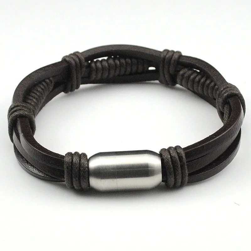 Leather, Stainless Steel Clasp Rope Chain Handmade Bracelet for Men