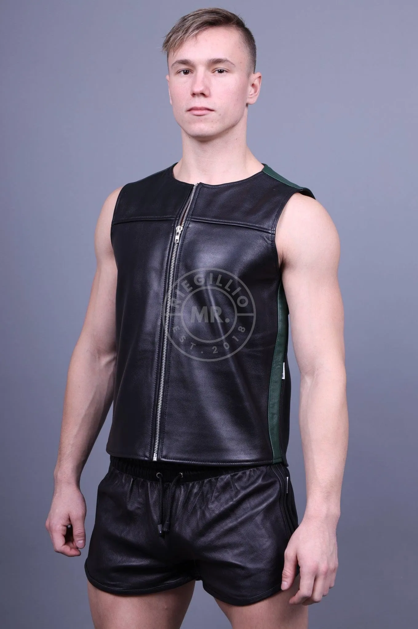 Leather Zipper Vest - Dark Green Panels