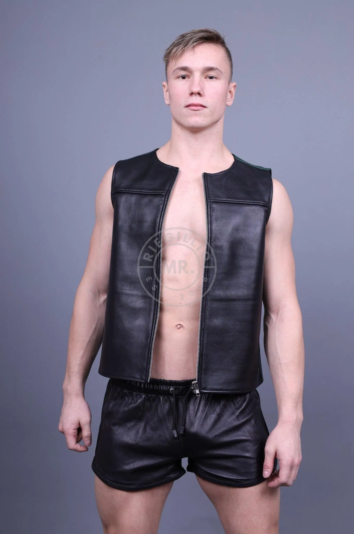 Leather Zipper Vest - Dark Green Panels