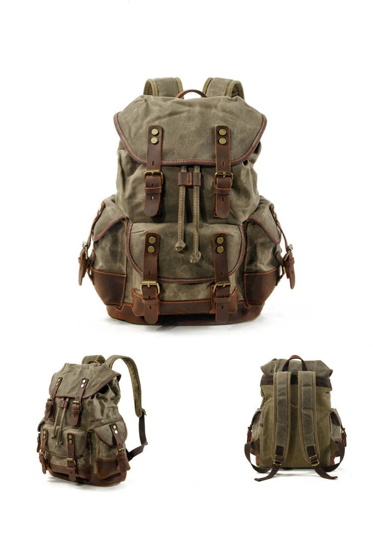 Leisure Vintage Waxed Leather Canvas Backpack for Hiking