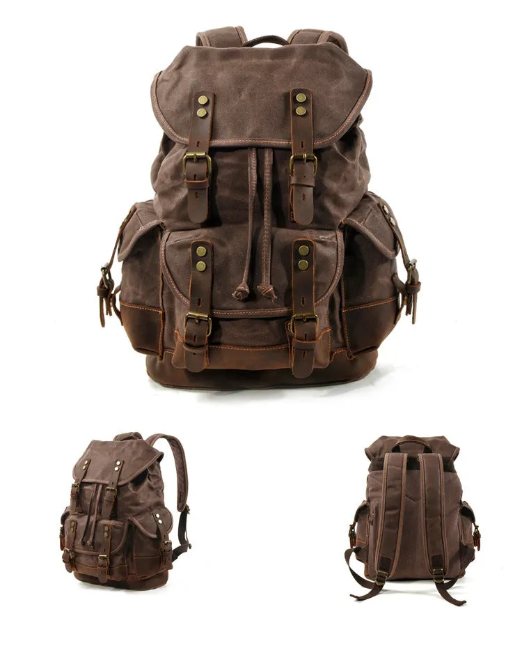 Leisure Vintage Waxed Leather Canvas Backpack for Hiking