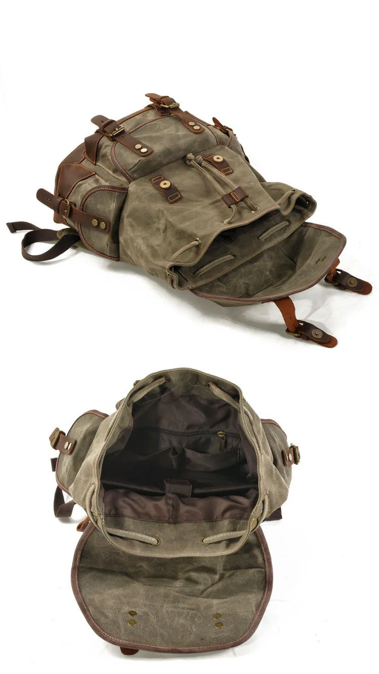 Leisure Vintage Waxed Leather Canvas Backpack for Hiking