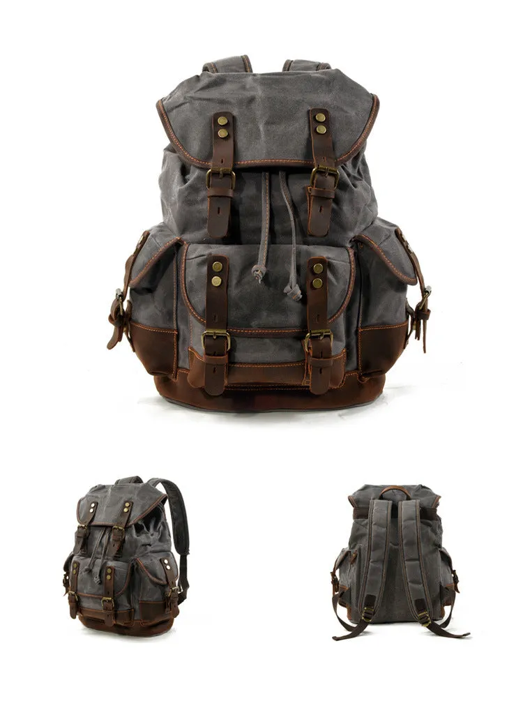 Leisure Vintage Waxed Leather Canvas Backpack for Hiking