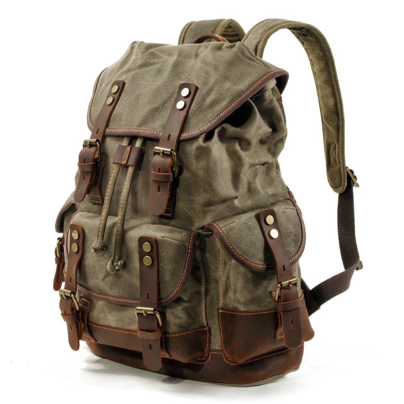 Leisure Vintage Waxed Leather Canvas Backpack for Hiking