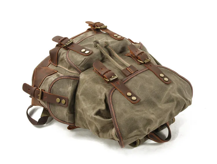 Leisure Vintage Waxed Leather Canvas Backpack for Hiking