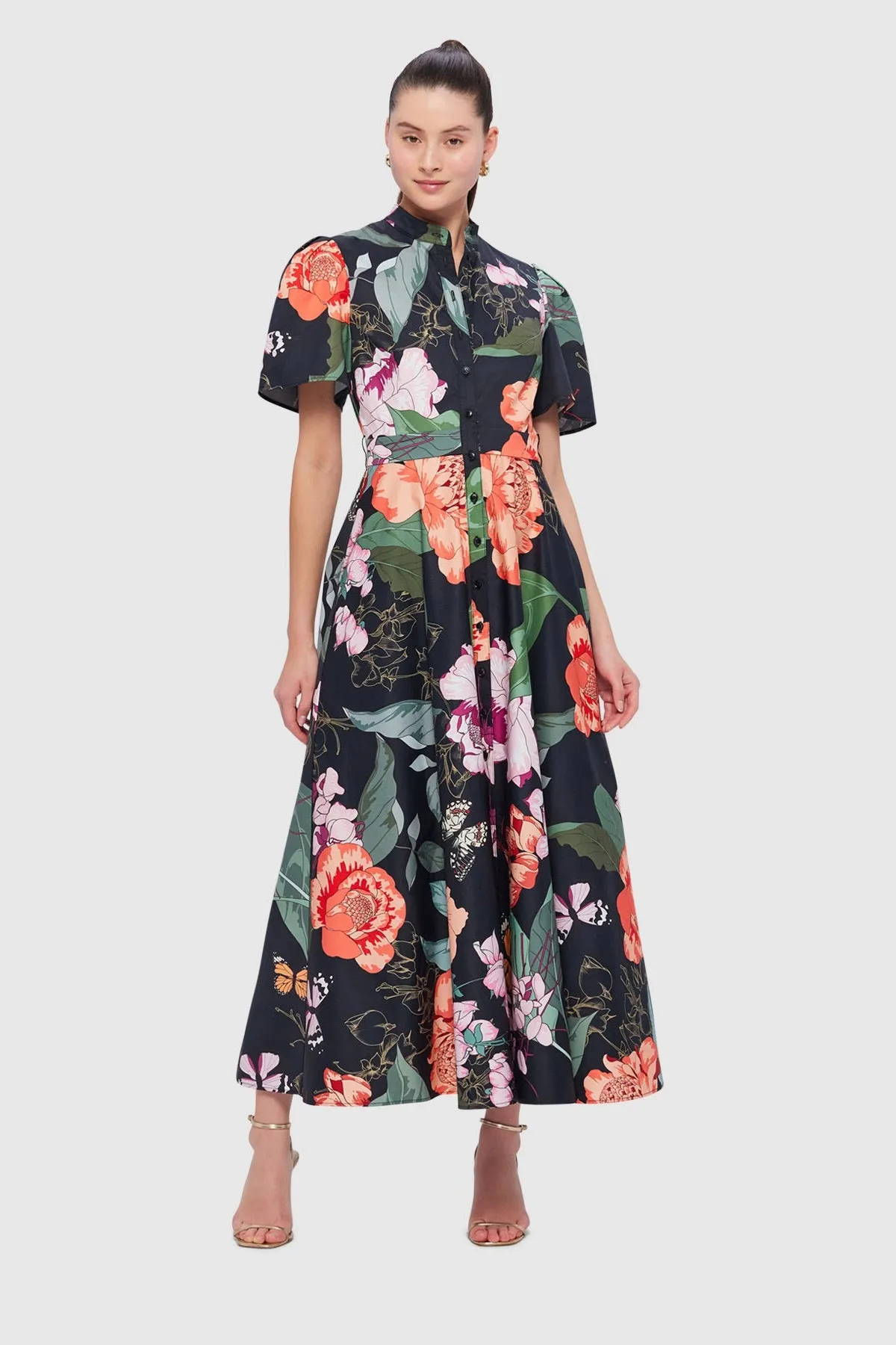 Leo Lin Bianca Short Sleeve Midi Dress - Lush Print in Black