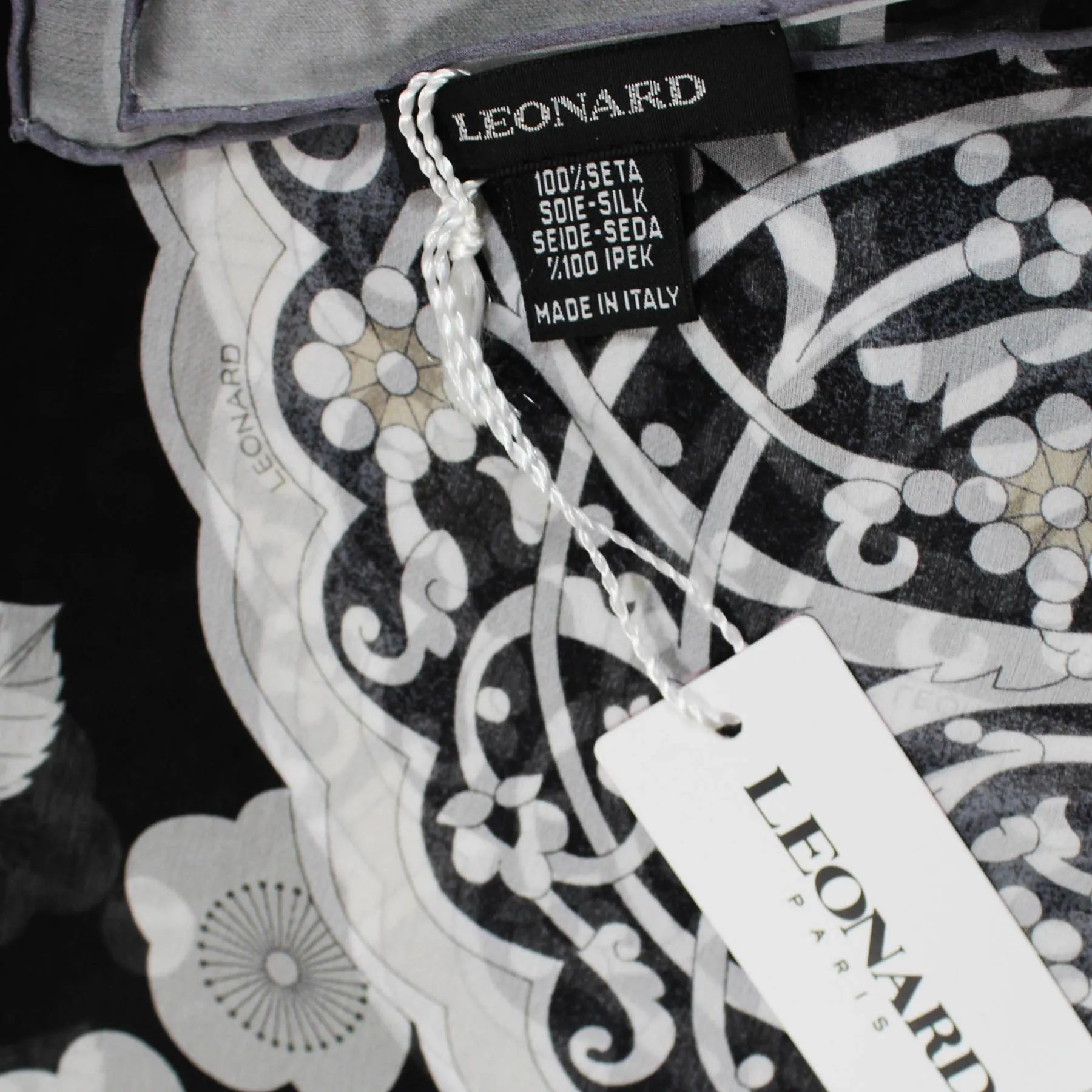 Leonard Paris Chiffon Silk Scarf Black Gray Floral SALE