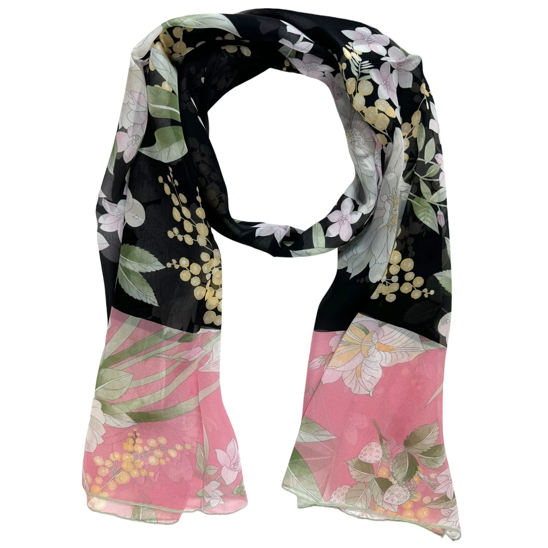 Leonard Paris Scarf Black Pink Yellow Floral Design - Chiffon Silk Shawl