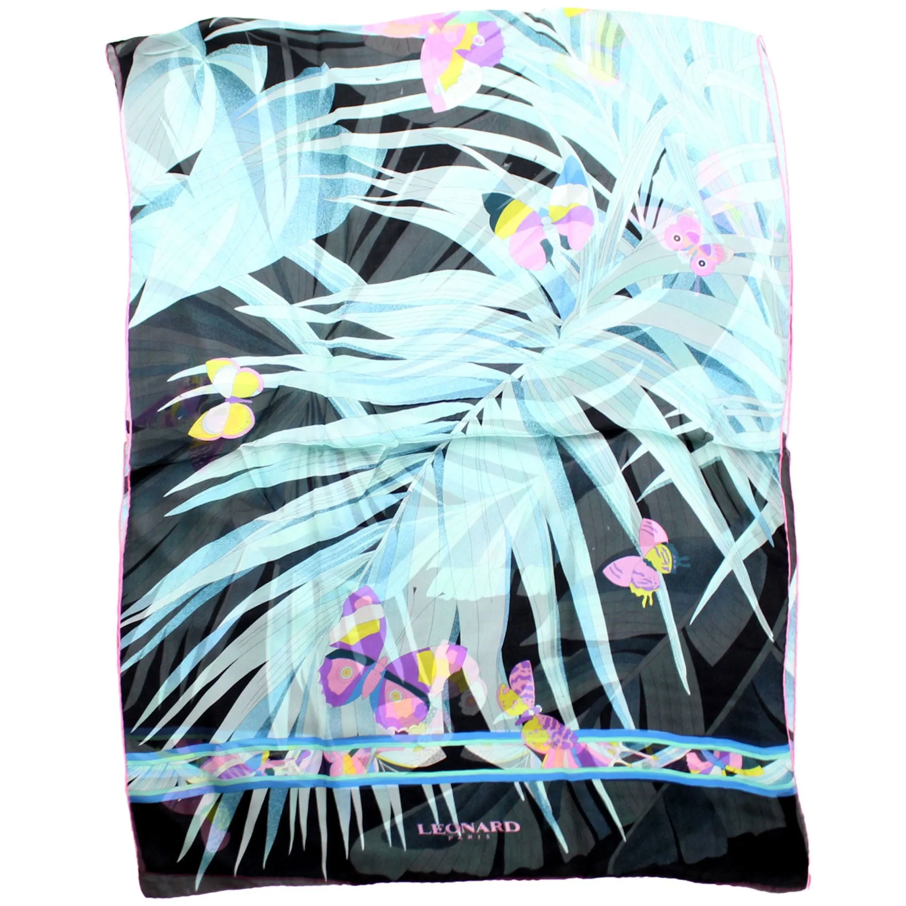 Leonard Paris Scarf Black Turquoise Purple Butterfly - Chiffon Silk Shawl