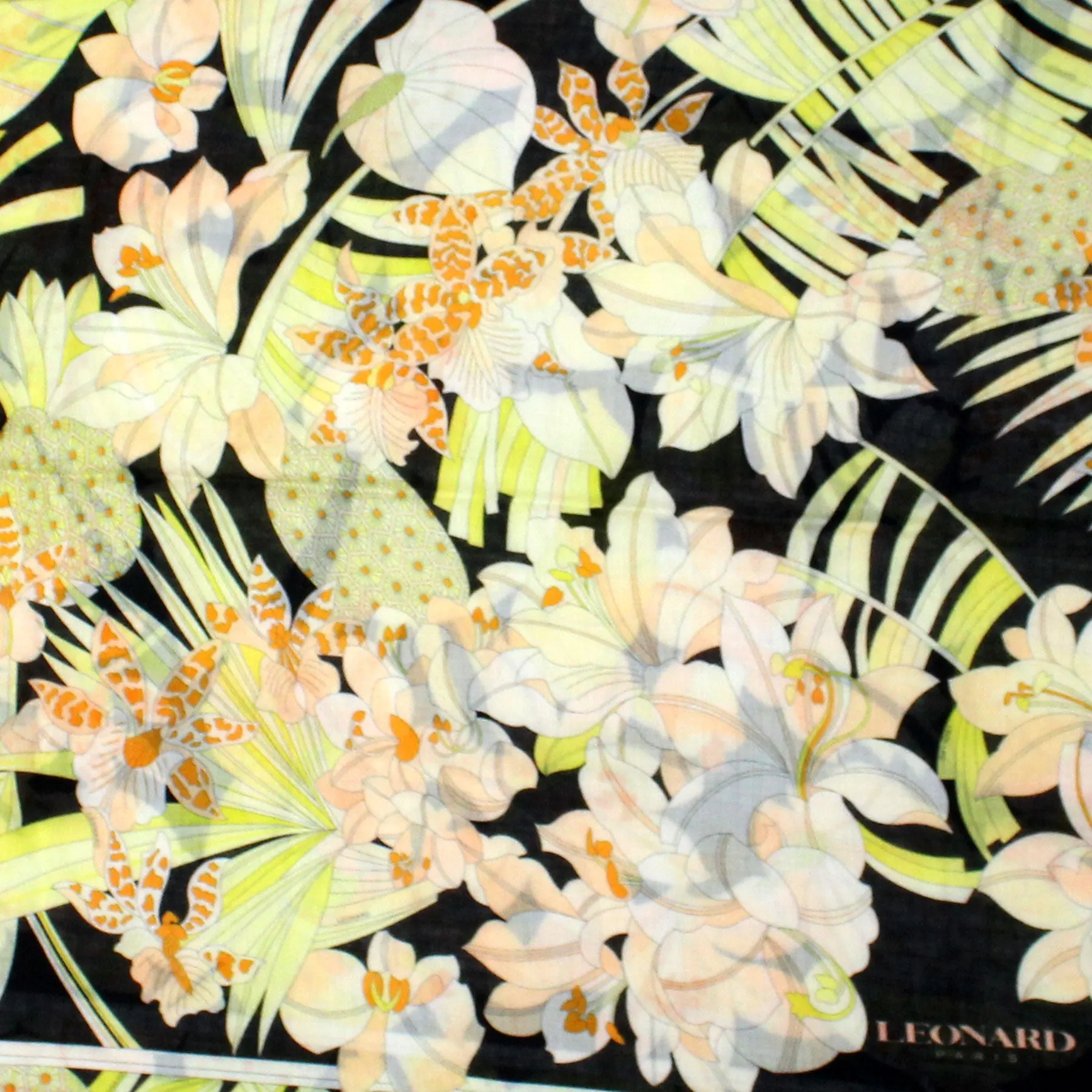 Leonard Paris Scarf Black Yellow Orange Floral - Extra Large Square Cashmere Silk Wrap