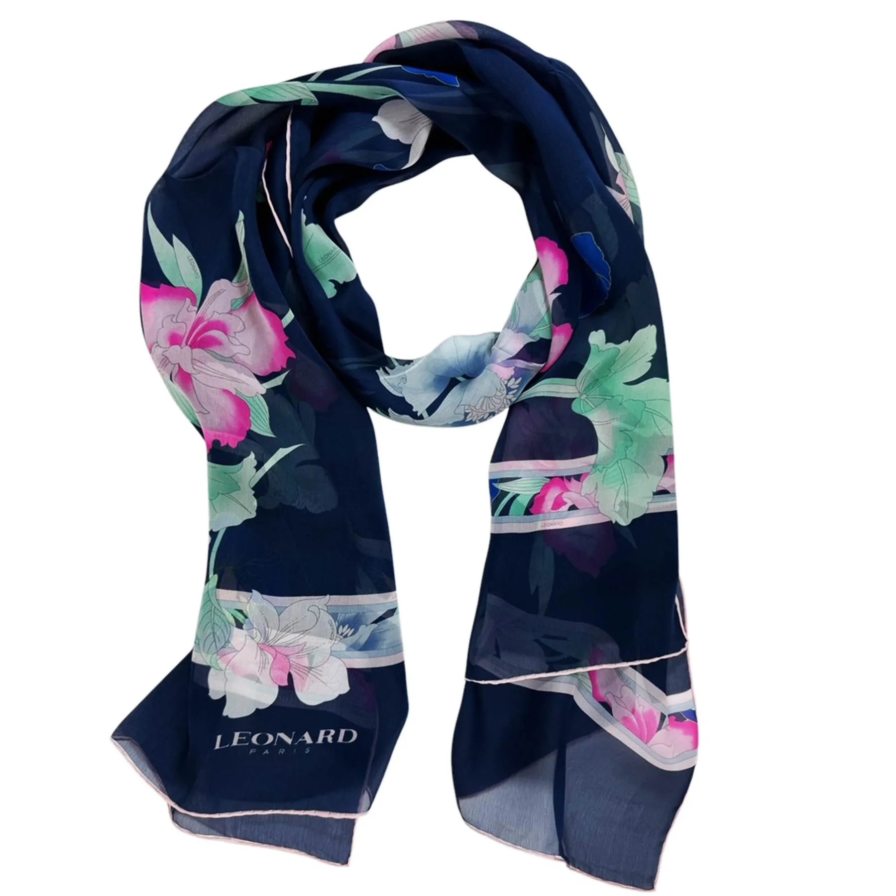 Leonard Paris Scarf Midnight Blue Pink Floral - Chiffon Silk Women Shawl