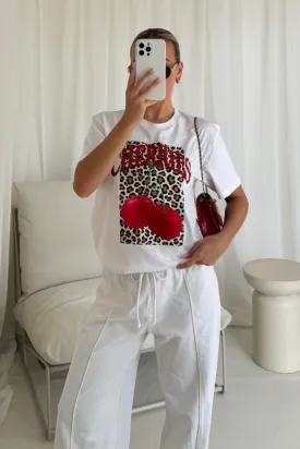 Leopard cherry printed white t-shirt