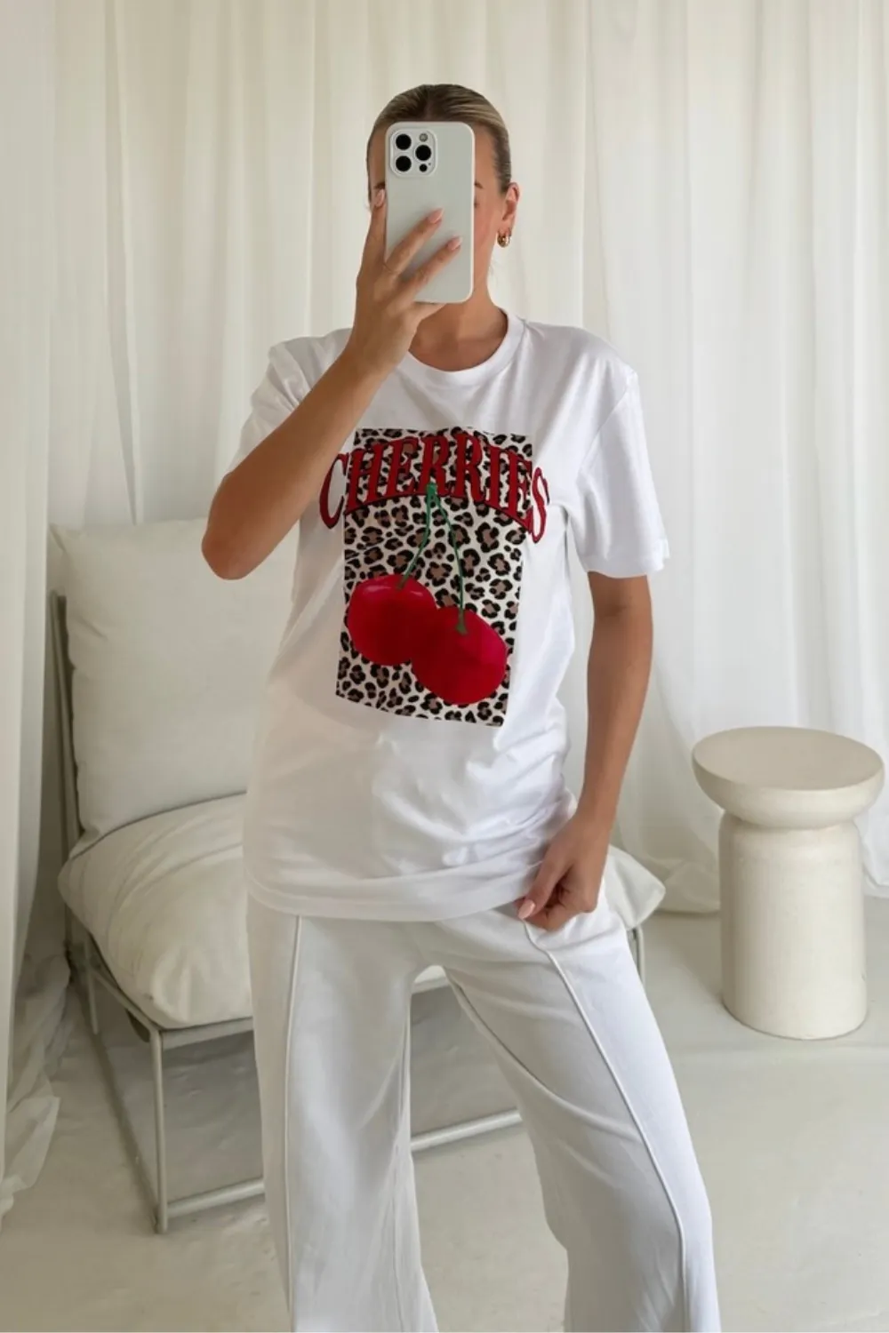 Leopard cherry printed white t-shirt