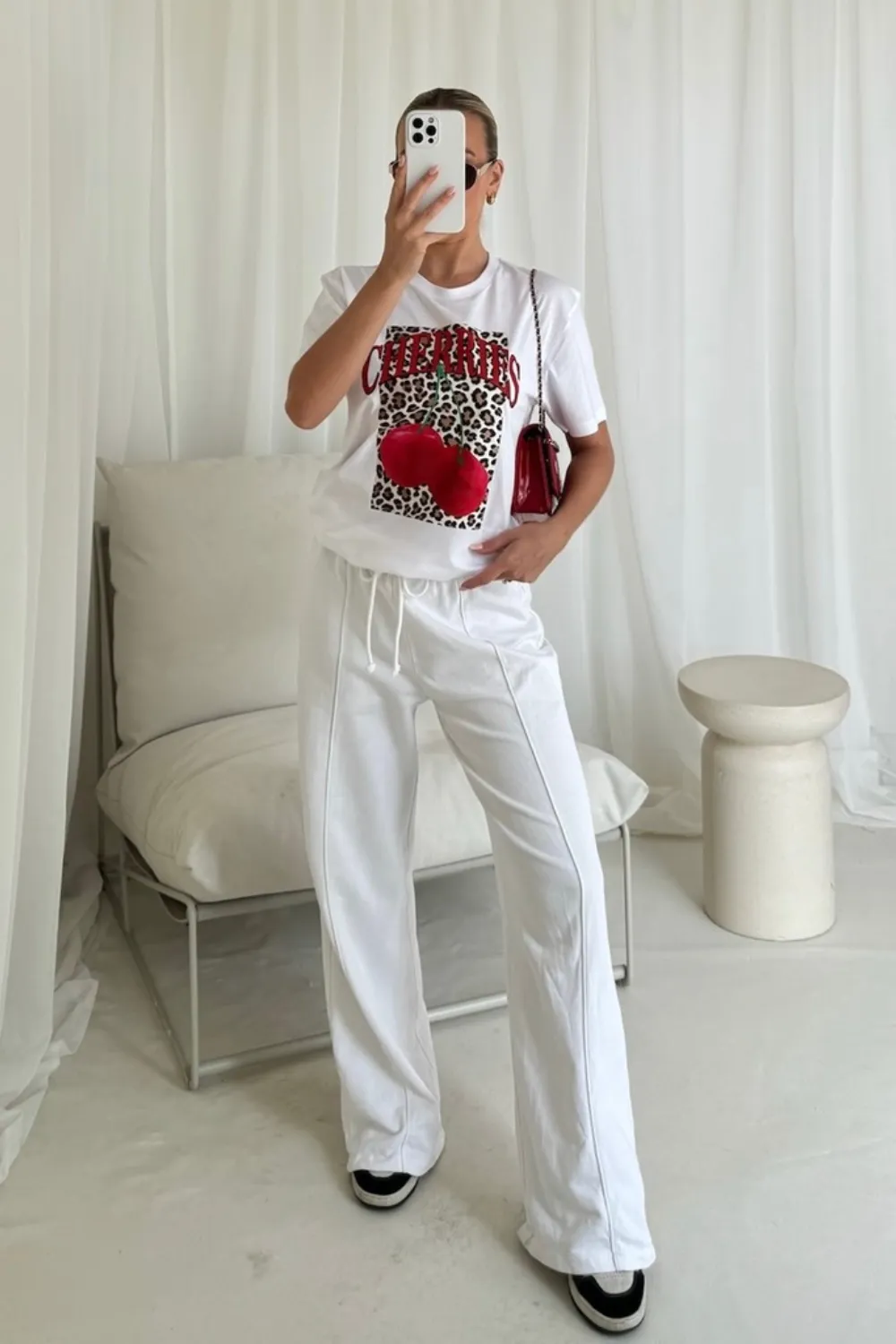 Leopard cherry printed white t-shirt