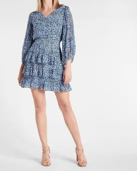 Leopard Print V-Neck Tiered Ruffle Dress in Blue Print