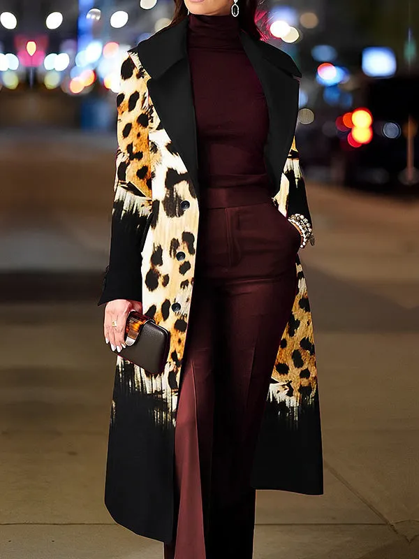 Leopard Split-Joint Long Sleeves Loose Lapel Woolen Coat