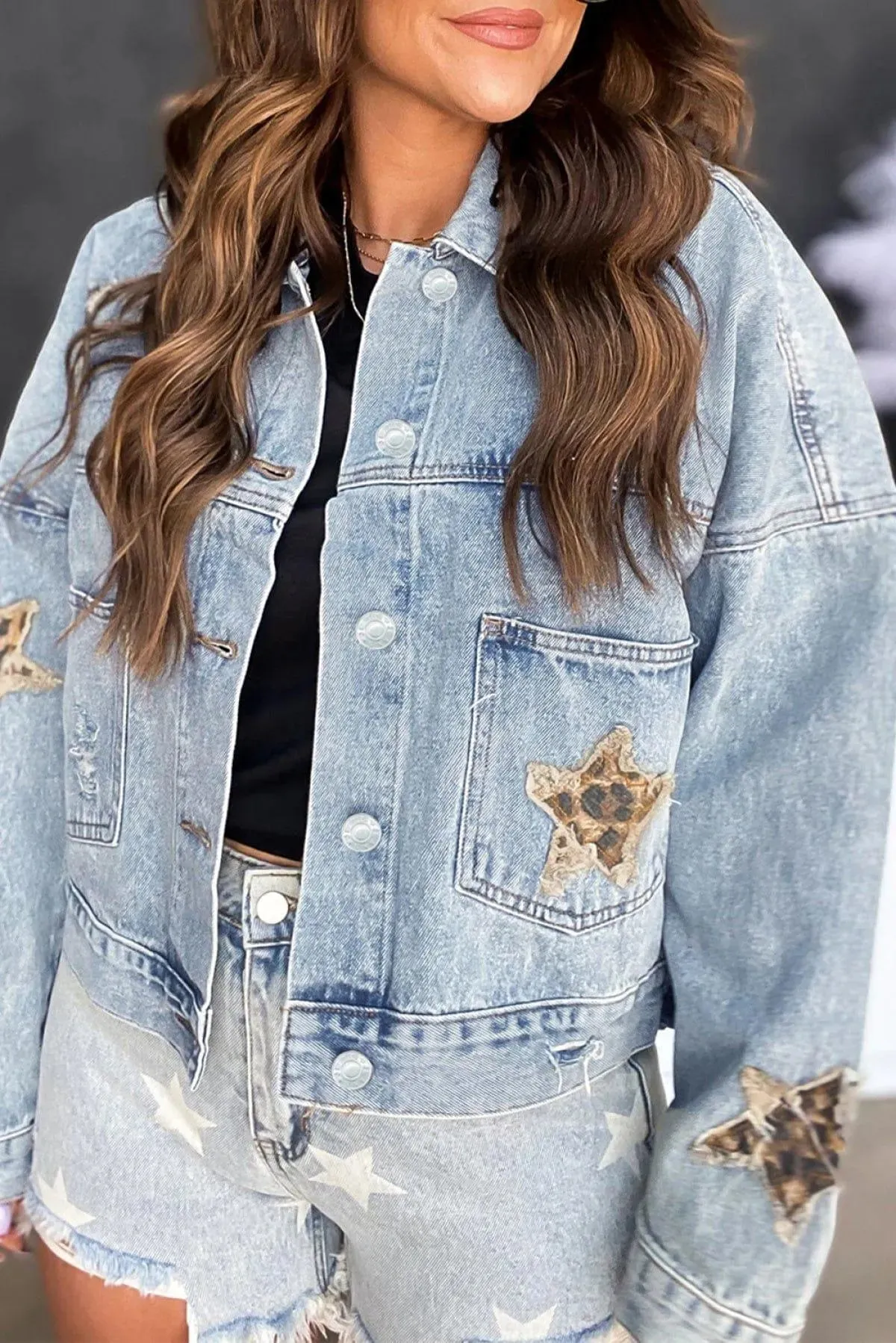 Leopard Star Distressed Cropped Denim Jacket Sky Blue