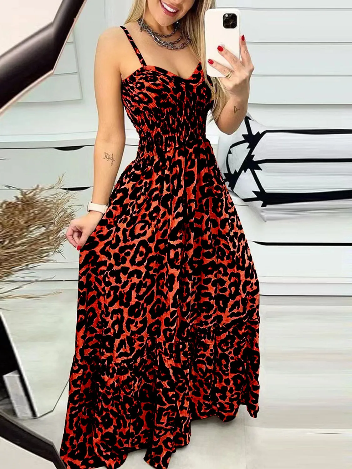 Leopard Sweetheart Neck Cami Dress New women's fashion casual leopard print maxi dress