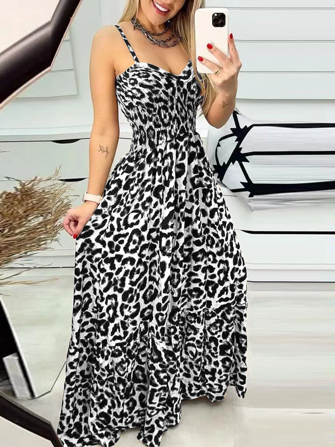 Leopard Sweetheart Neck Cami Dress New women's fashion casual leopard print maxi dress