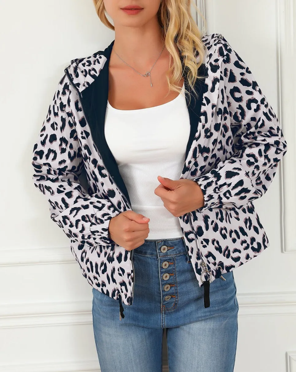 Leopard Zip Up Hooded Windbreaker